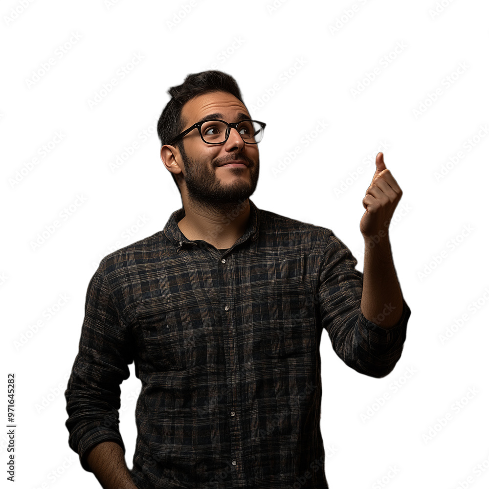 Man in a checkered shirt pointing upward with a confident expression, looking to the side