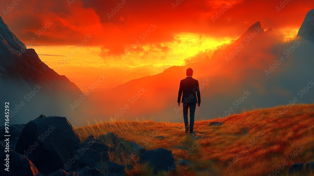 A solitary figure stands against a breathtaking sunset, surrounded by mountains and vibrant clouds, evoking a sense of adventure. A solitary figure stands against a breathtaking sunset, surrounded by mountains and vibrant clouds, evoking a sense of adventure.