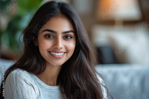 Head shot portrait smiling attractive Indian woman making video call, sitting on couch at home, happy young female chatting online with friends or relatives, internet meeting, blogger, Generative AI