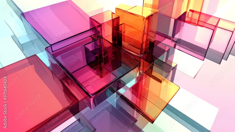 Fractal squares and rectangles. Geometric art shapes in glass morphist style. Abstract vector design elements. 3D generative ai