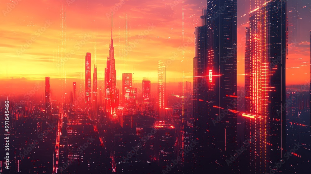 Obraz premium A futuristic cityscape at sunset with glowing red lights and lines of data.