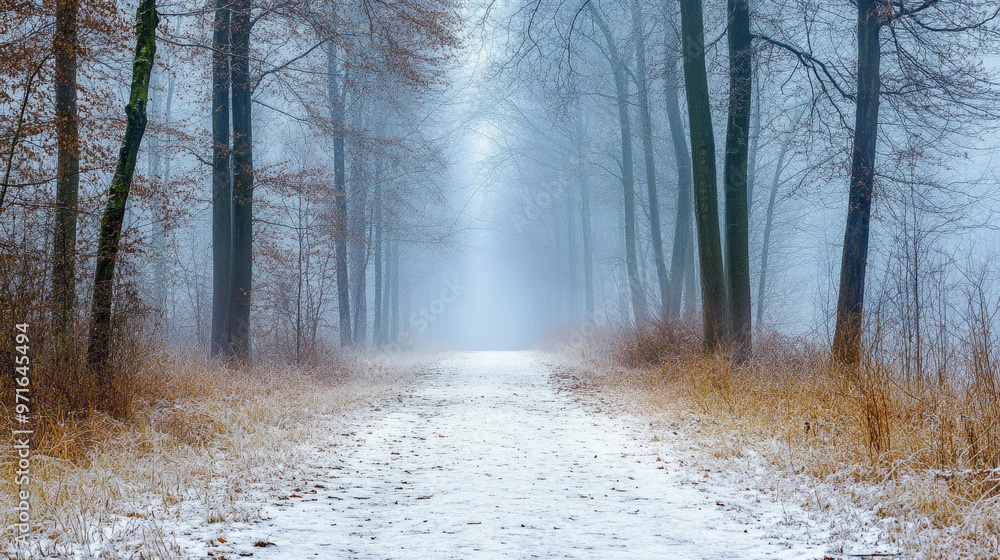 Obraz premium Snow-covered forest path lined with tall trees disappearing into thick fog creating a peaceful and mysterious winter scene