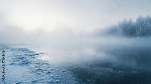 Foggy winter landscape with frosty trees by a calm lake, snow-covered ground and thick mist creating a serene, mysterious atmosphere