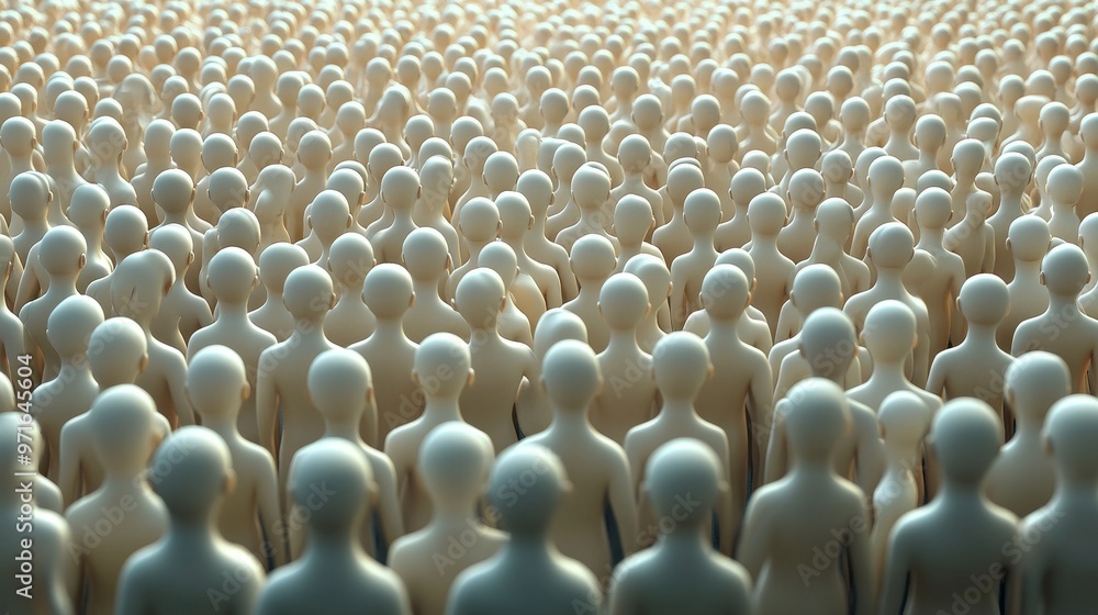 Obraz premium A vast crowd of faceless figures, symbolizing anonymity and the collective human experience in a minimalistic setting.