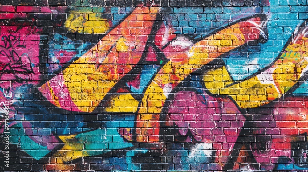 A colorful graffiti art piece on a brick wall. A colorful graffiti art piece on a brick wall.