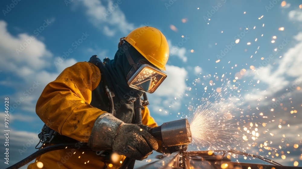 Deep-sea diver welding, construction site at ocean depth. Deep-sea diver welding, construction site at ocean depth.