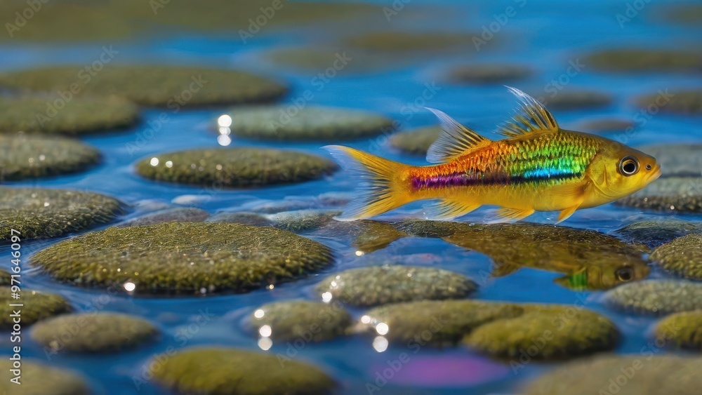 Fototapeta premium A colorful fish swims above textured stones in clear water, showcasing aquatic beauty.