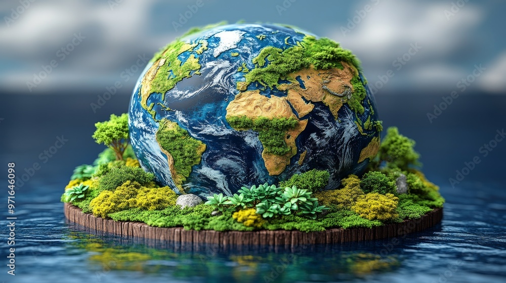 A vibrant globe surrounded by lush greenery, symbolizing nature, conservation, and a healthy planet in a serene water setting. A vibrant globe surrounded by lush greenery, symbolizing nature, conservation, and a healthy planet in a serene water setting.