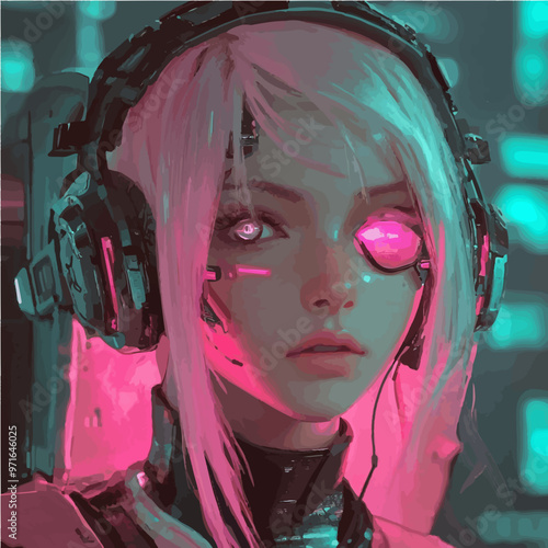 Stylized vector of a futuristic female cyborg avatar, blending human and machine elements for a sleek technological design.