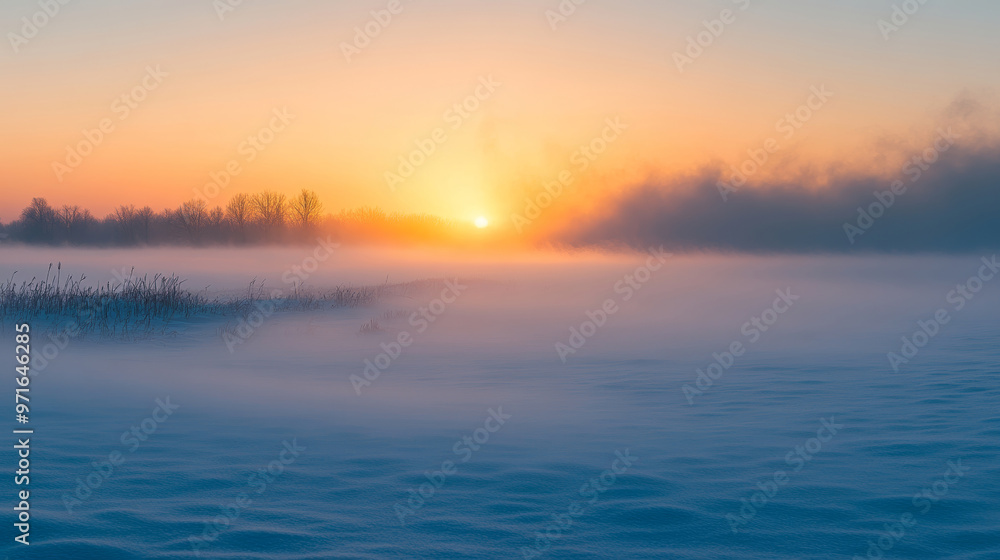 Fototapeta premium Winter sunrise over a snowy field with mist rising in the cold air, creating a colorful gradient in the sky