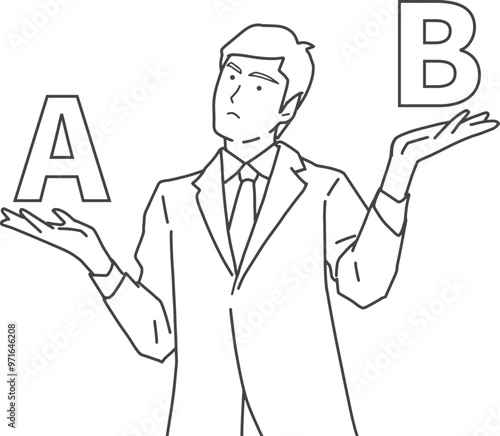 2択の問題に悩むビジネスマン（線画）