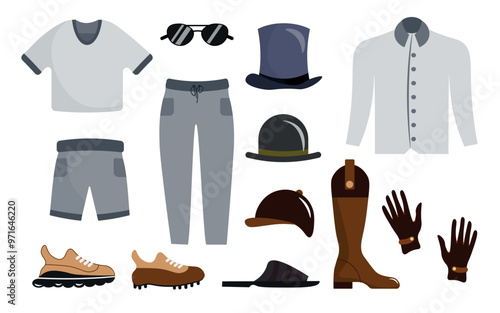 Set of different types of clothing in cartoon style. Vector illustration of sportswear: t-shirts, shorts, pants, shirt, cowboy boots, running shoes, football, gloves, hats, jockey cap, glasses.