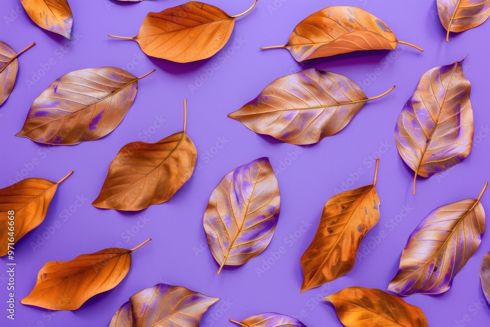Dried leaves on purple background in a flat lay composition. Dried leaves on purple background in a flat lay composition.