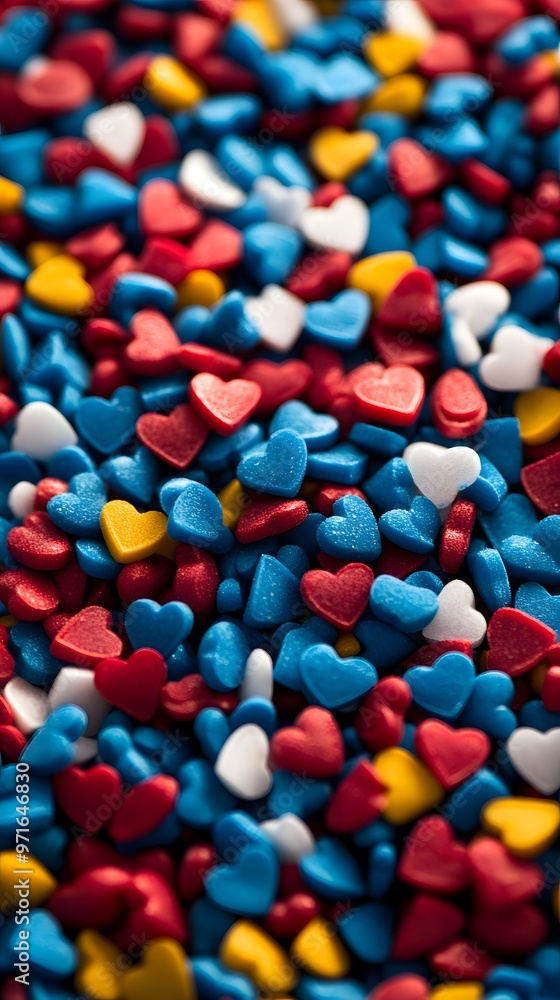 A close-up of red, blue, and yellow plastic granules with small triangular pieces in the background A close-up of red, blue, and yellow plastic granules with small triangular pieces in the background