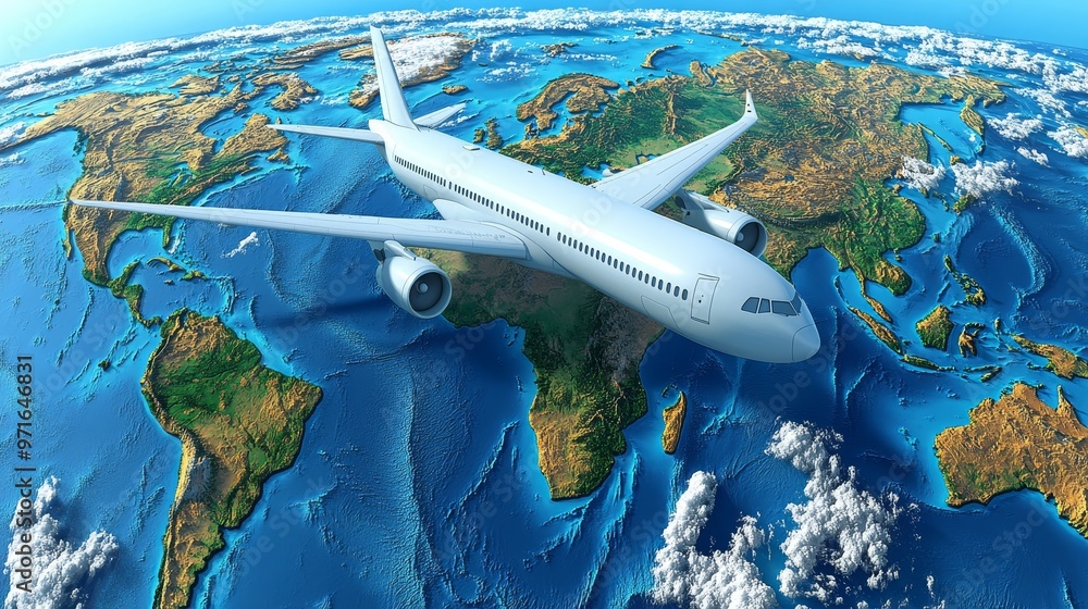 Naklejka premium Aerial view of a modern airplane flying over a detailed map of the world, representing international travel and exploration.