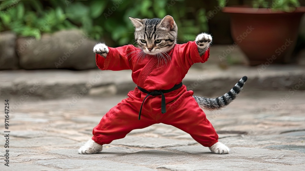 Fototapeta premium A charming cat dressed in a martial arts outfit demonstrates kung fu in a serene street filled with decorative plants and traditional architecture