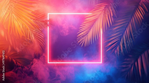 Palm Leaves Illuminated by a Neon Square in a Smoky Background