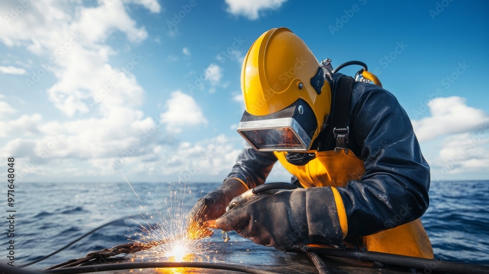 Fototapeta premium Industrial diver repairing submerged equipment, welding tools.