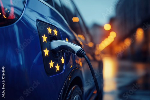 Closeup of blue electric car being charged, European Union (EU) flag stars around charging socket, copy space on blurred night street lights
