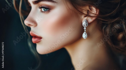 A beautiful portrait of a woman wearing diamond earrings, with a soft focus on the jewelry to highlight their elegance and how they enhance her look