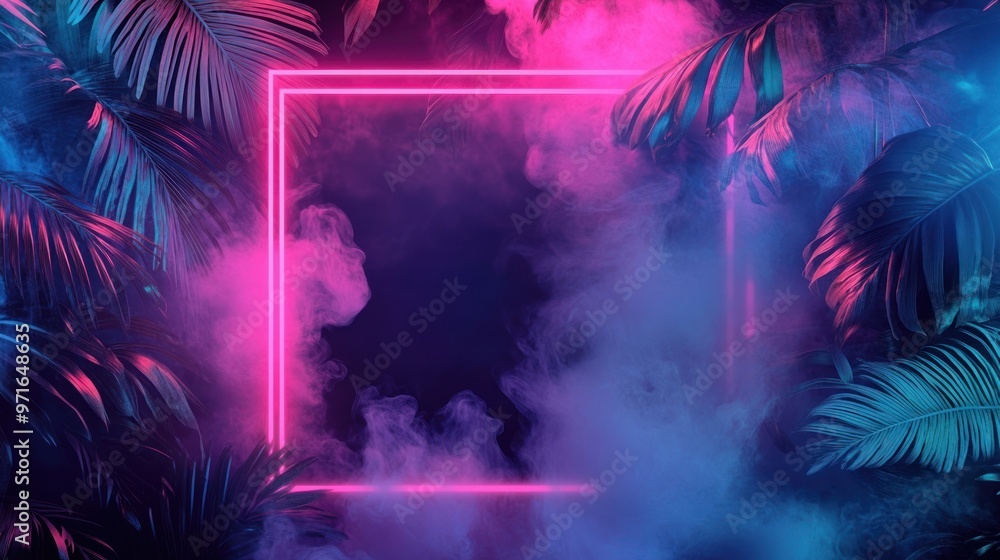 Fototapeta premium Neon Pink Square Frame with Tropical Leaves and Smoke