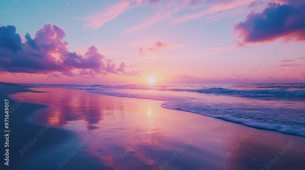 Fototapeta premium Pink Sunset Reflecting on a Calm Ocean Beach