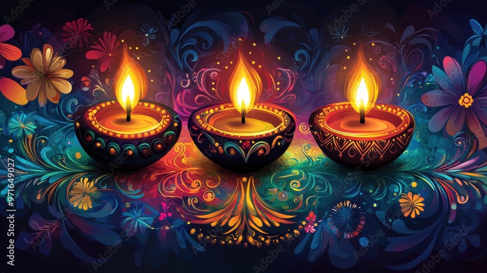 A vibrant Diwali vector with glowing diyas, rangoli patterns, and festive elements A vibrant Diwali vector with glowing diyas, rangoli patterns, and festive elements