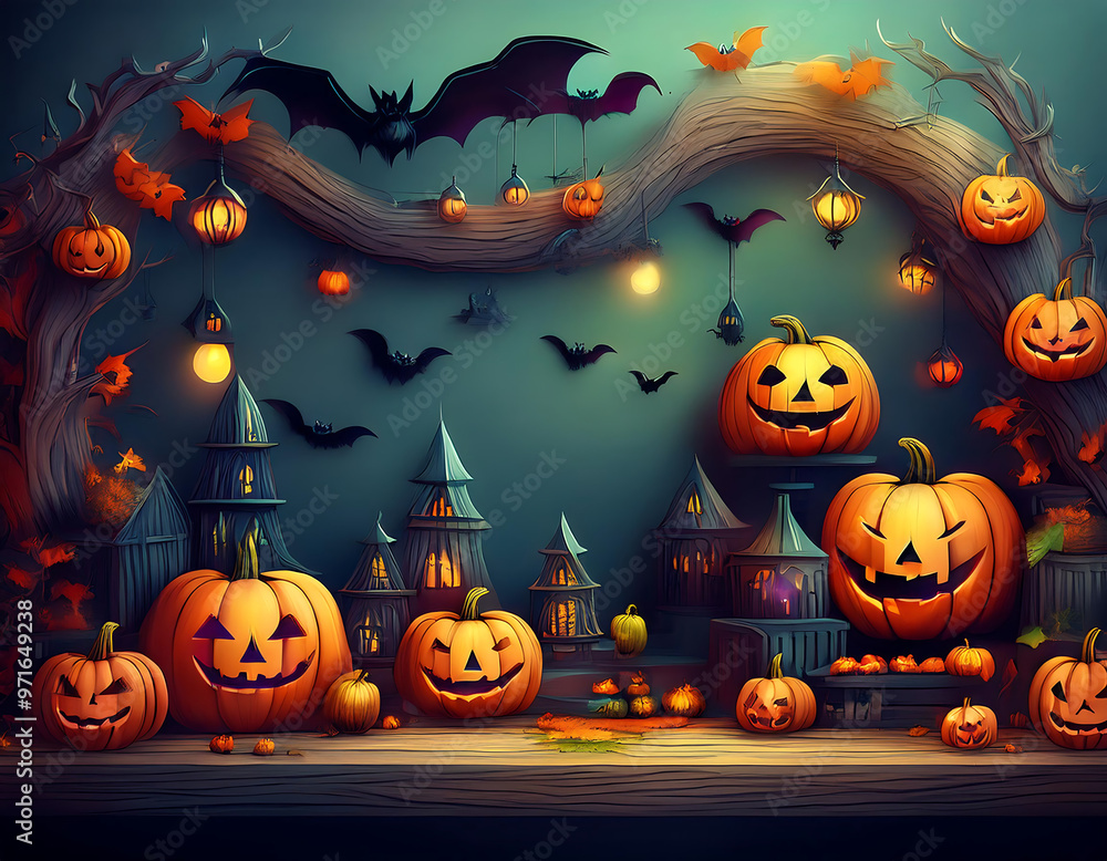 Fototapeta premium Halloween decorations display, showcasing pumpkins, bats, and other themed items perfect fo_1(501)
