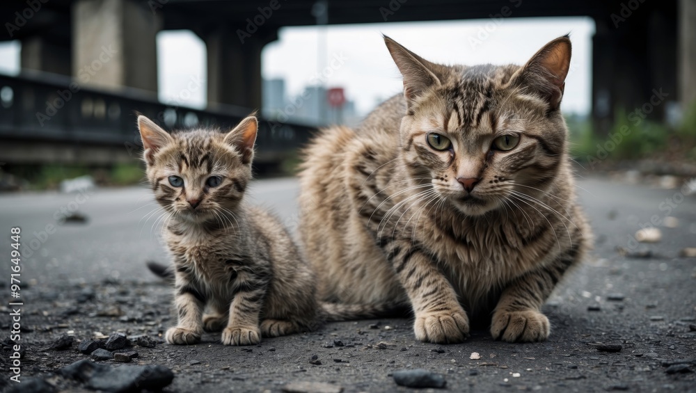 A neglected mother cat and her kitten, looking malnourished and dirty under a bridge A neglected mother cat and her kitten, looking malnourished and dirty under a bridge