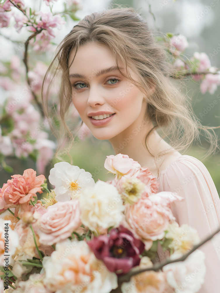 Smiling Caucasian Woman with Flowers in Blooming Garden during Springtime Smiling Caucasian Woman with Flowers in Blooming Garden during Springtime
