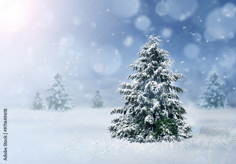Christmas tree on snow in the winter. Background with a beautiful pine. Christmas card. Christmas tree on snow in the winter. Background with a beautiful pine. Christmas card.