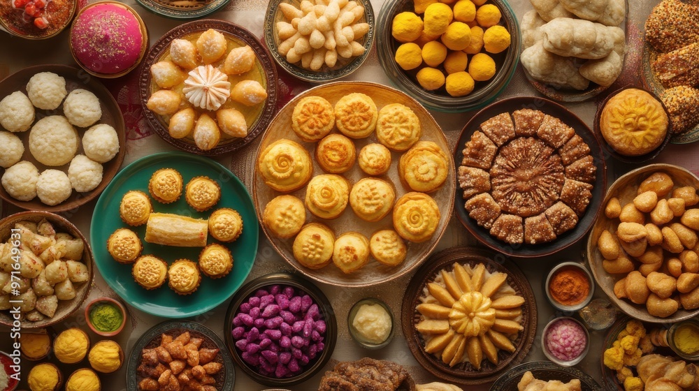 A vibrant table full of Diwali sweets, with colorful decorations and festive elements A vibrant table full of Diwali sweets, with colorful decorations and festive elements