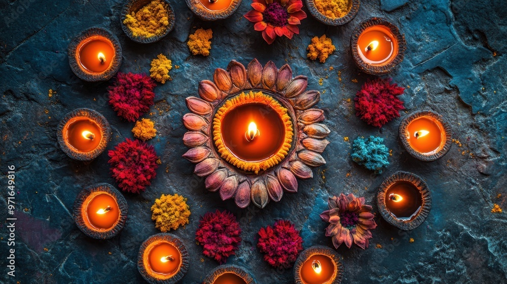 An artistic arrangement of Indian diyas creating a beautiful, glowing display during Diwali An artistic arrangement of Indian diyas creating a beautiful, glowing display during Diwali