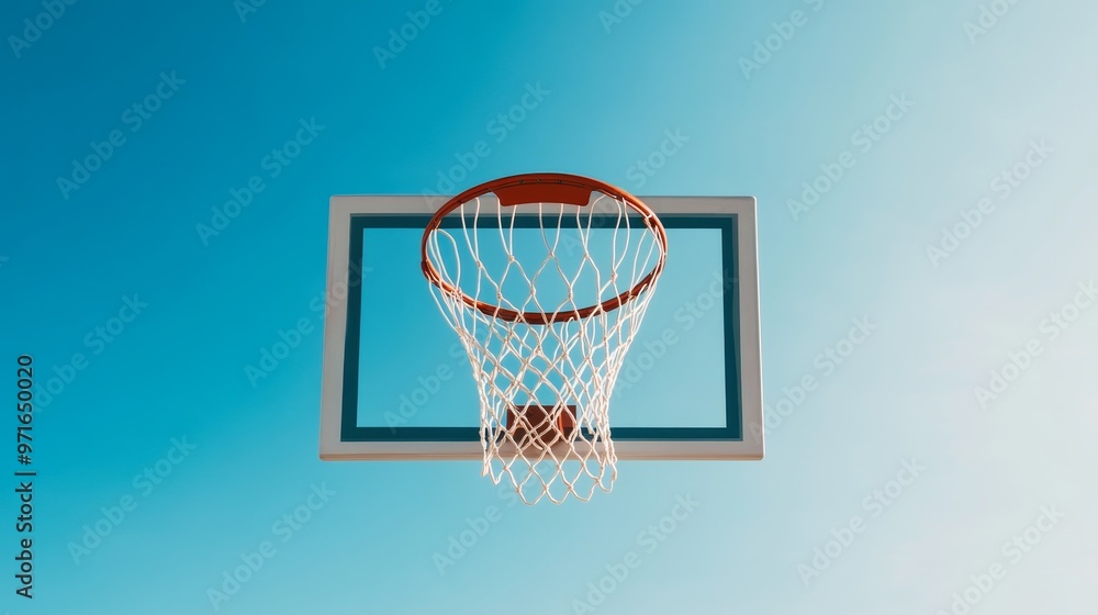 Net capturing basketball score, open clear sky. Net capturing basketball score, open clear sky.