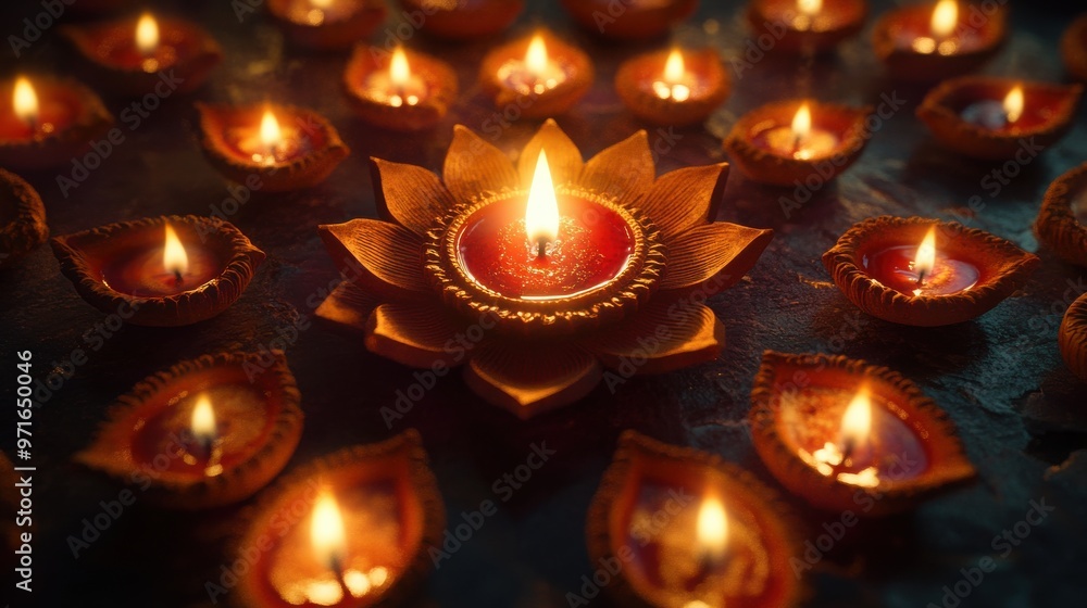 An artistic shot of Diwali lamps arranged in a beautiful pattern, glowing brightly in the dark An artistic shot of Diwali lamps arranged in a beautiful pattern, glowing brightly in the dark
