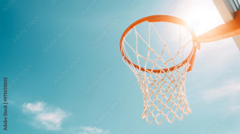 Net capturing basketball score, open clear sky. Net capturing basketball score, open clear sky.