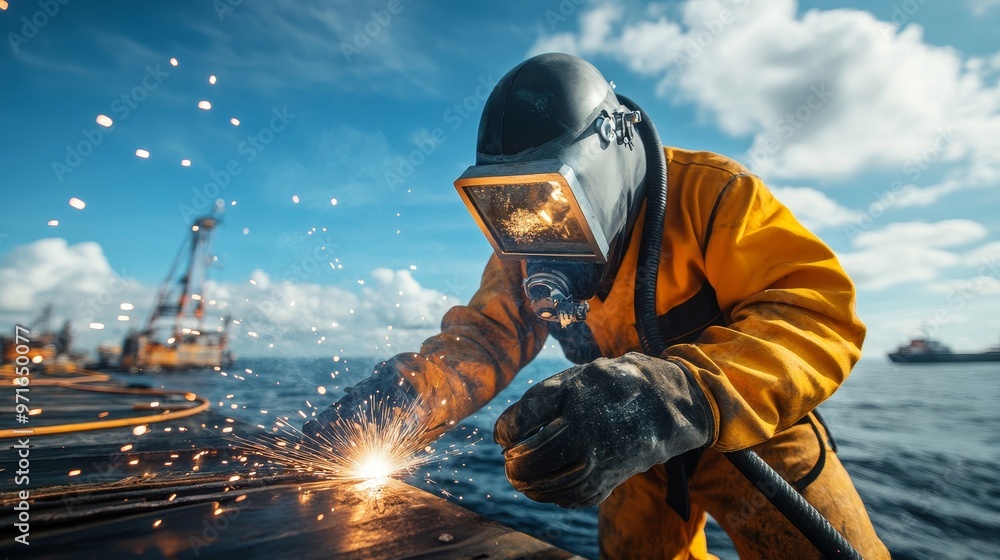 Marine structure welding, diver in specialized suit. Marine structure welding, diver in specialized suit.