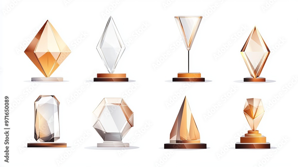 Set of glass trophies isolated on a white background This vector illustration presents a 3D collection of winner awards including abstract hexagon rhombus and rectangle prize mockups Set of glass trophies isolated on a white background This vector illustration presents a 3D collection of winner awards including abstract hexagon rhombus and rectangle prize mockups