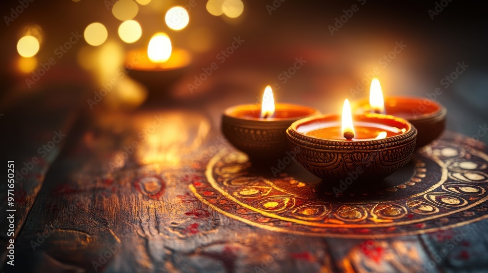 An elegant Diwali greeting card featuring traditional Indian motifs, warm tones, and subtle light effects An elegant Diwali greeting card featuring traditional Indian motifs, warm tones, and subtle light effects
