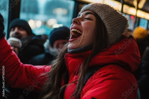 Excited woman on a crowded bus during Black Friday shopping. photo