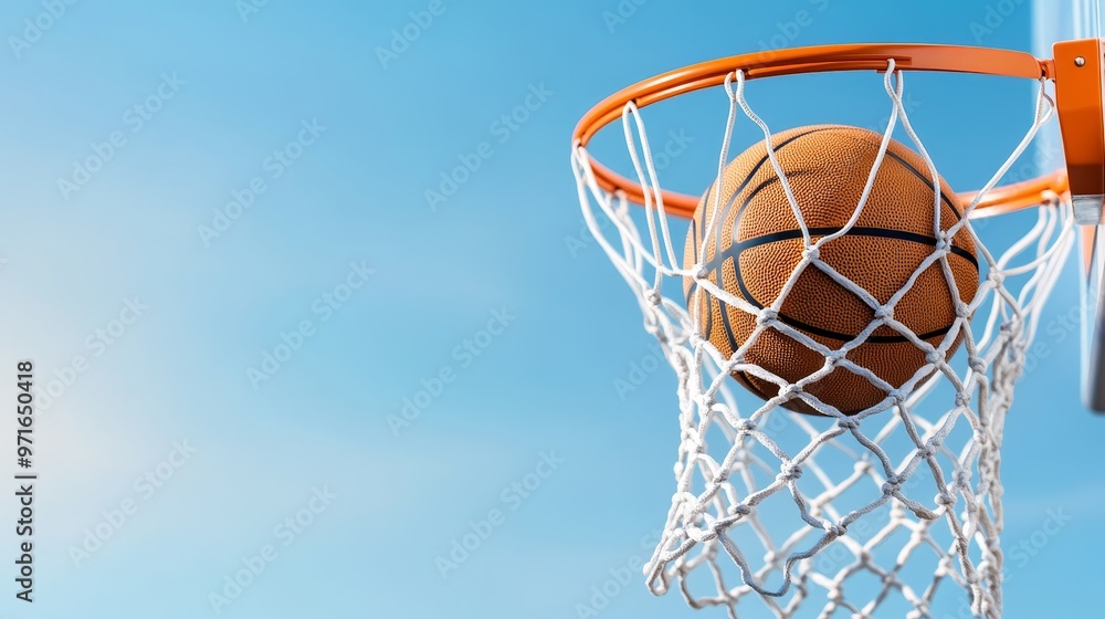 Net stretched with basketball, clear sky in the scene. Net stretched with basketball, clear sky in the scene.