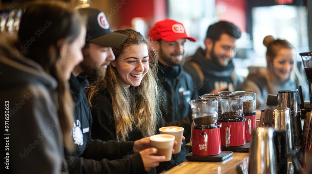 A barista training session, where a group learns how to make latte art and perfect espresso shots A barista training session, where a group learns how to make latte art and perfect espresso shots