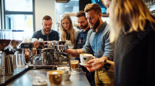 A barista training session, where a group learns how to make latte art and perfect espresso shots photo