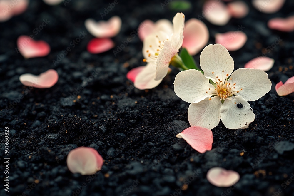 Fototapeta premium Black soil with delicate white flower petals
