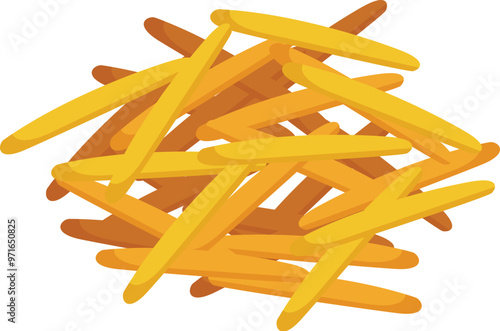 This vector illustration shows a pile of appetizing french fries lying on a white background, perfect for designs related to fast food, snacks, and unhealthy eating habits