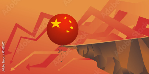 China's flag ball roll off a cliff concept Banking System, financial, Real Estate crisis developed from property sector bankrupt, slump, stock market decline in China Asia