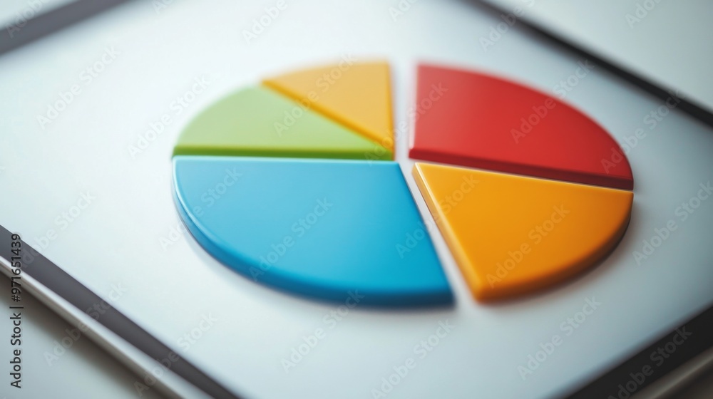 Fototapeta premium A close-up of a financial pie chart on a tablet, depicting budget allocation across different sectors. The chart colors are vivid, set against a minimalist white backdrop.