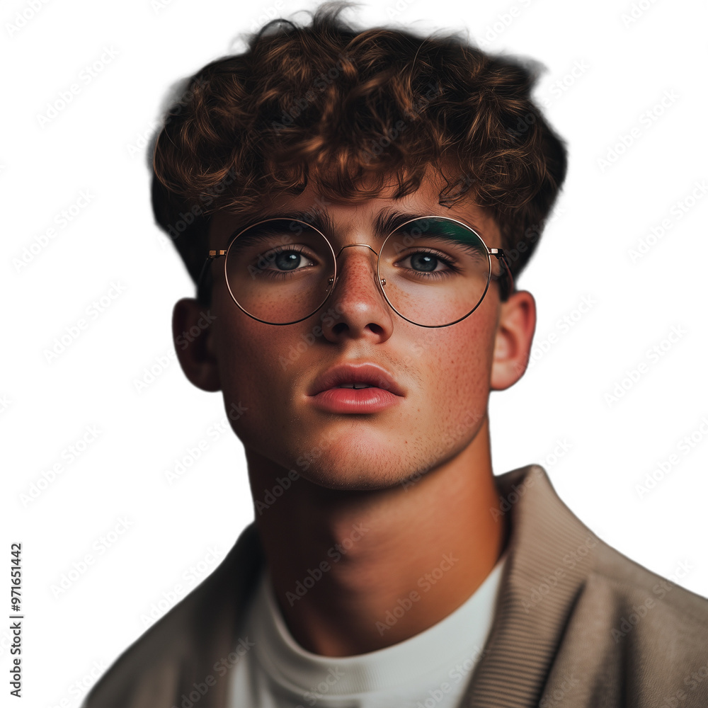 Young man with curly hair and glasses looking directly at the camera, wearing a neutral expression Young man with curly hair and glasses looking directly at the camera, wearing a neutral expression