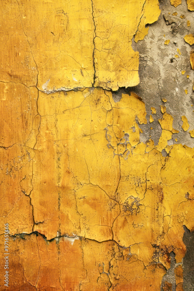 Obraz premium Peeling yellow paint on a cracked and weathered wall, showcasing a distressed and textured surface.