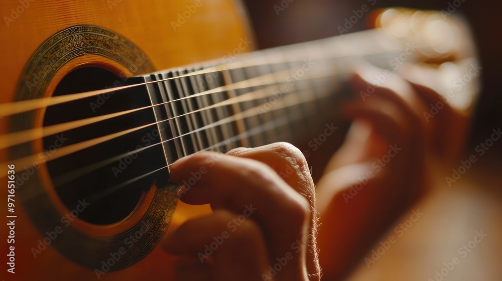 Fototapeta premium A close-up of delicate finger movements on a classical guitar, detailed craftsmanship